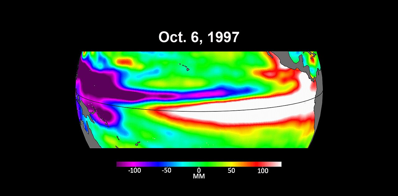 Tres mapas satelitales del océano Pacífico con el nivel del mar durante el desarrollo de los episodios El Niño de 1997, 2015 y 2023; en rojo y blanco, las zonas más altas y cálidas que lo normal